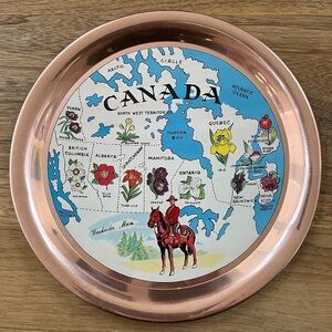 VINTAGE Round Metal Tray Provincial Flowers RCMP Kitschy Canada Souvenir Copper